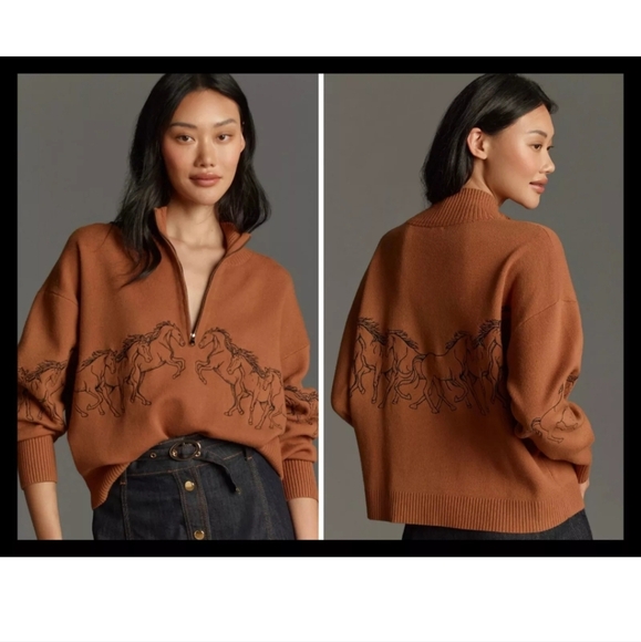 Anthropologie Sz 3X Maeve Montana Mock Neck Half Zip Sweater Bronze Horses EUC - Picture 1 of 12